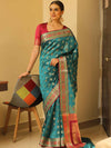 Banarasee Handwoven Semi-Katan Zari Paithani Border Saree-Green
