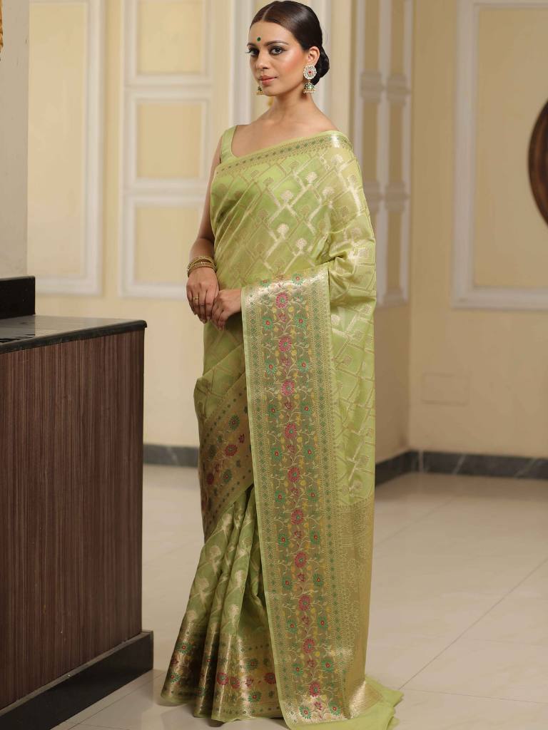 Banarasee Faux Georgette Saree With Gold Zari Jaal & Meena Border-Pastel Green