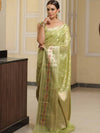 Banarasee Faux Georgette Saree With Gold Zari Jaal & Meena Border-Pastel Green