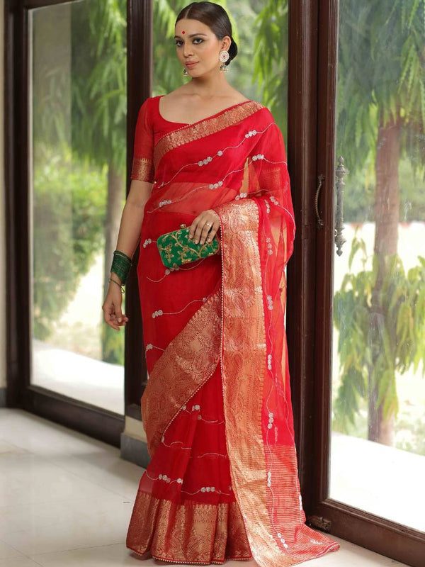 Banarasee Organza Silk Zari Border Hand-Work Saree-Red