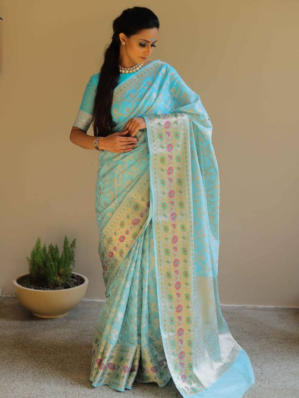 Banarasee Faux Georgette Saree With Gold Zari Jaal & Meena Border-Light Blue