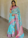Banarasee Kota Checks Saree With Floral Buta & Border Design-Blue & Pink