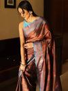 Banarasee Handwoven Semi Silk Saree With Contrast Border & Floral Buta-Brown & Blue