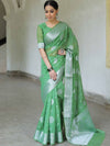 Banarasee Faux Georgette Saree With Silver Zari Buta & Border-Olive Green