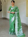 Banarasee Faux Georgette Saree With Silver Zari Buta & Border-Olive Green