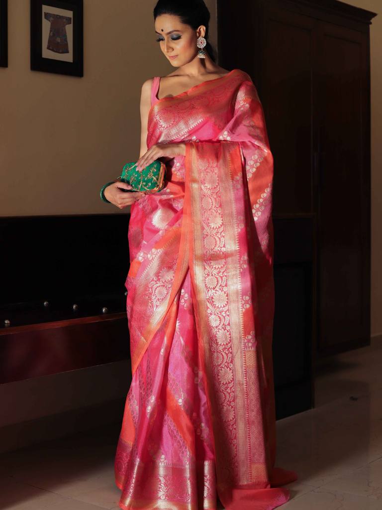 Banarasee Handwoven Soft Semi Silk Saree With Hand-Painted Rangkat Design-Orange & Pink