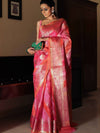 Banarasee Handwoven Soft Semi Silk Saree With Hand-Painted Rangkat Design-Orange & Pink