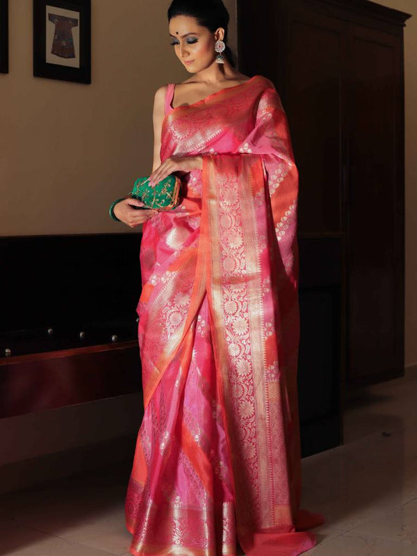 Banarasee Handwoven Soft Semi Silk Saree With Hand-Painted Rangkat Design-Orange & Pink