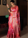 Banarasee Handwoven Soft Semi Silk Saree With Hand-Painted Rangkat Design-Orange & Pink