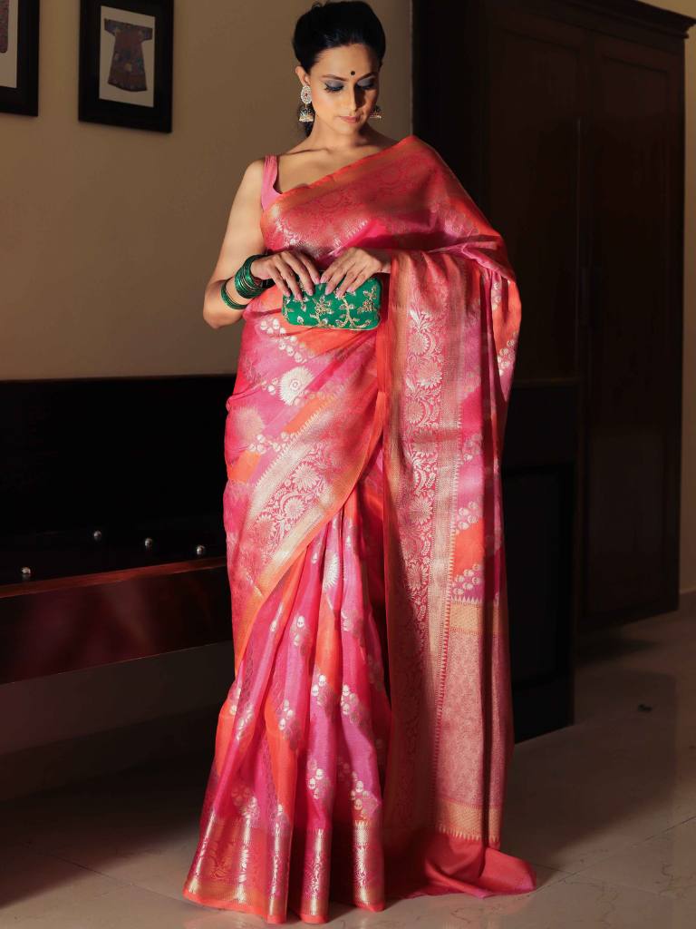 Banarasee Handwoven Soft Semi Silk Saree With Hand-Painted Rangkat Design-Orange & Pink
