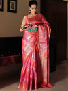Banarasee Handwoven Soft Semi Silk Saree With Hand-Painted Rangkat Design-Orange & Pink