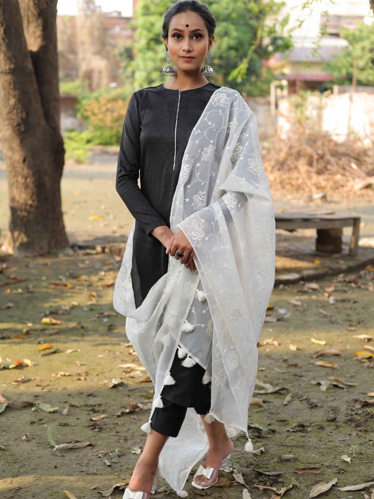 Banarasee Brocade Salwar Kameez Fabric With Embroidered Dupatta-Black & White