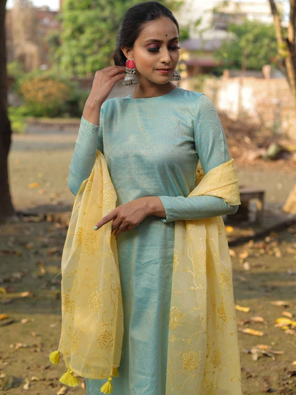 Banarasee Brocade Salwar Kameez Fabric With Embroidered Dupatta-Blue & Yellow