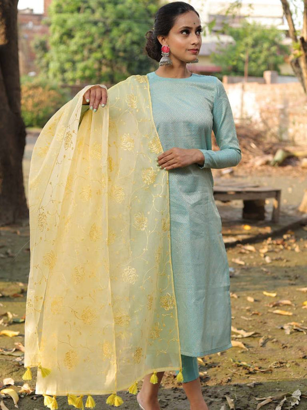 Banarasee Brocade Salwar Kameez Fabric With Embroidered Dupatta-Blue & Yellow