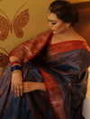 Banarasee Handwoven Semi-Katan Tanchoi Weaving Floral Border Saree-Blue & Red