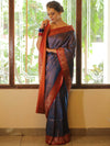 Banarasee Handwoven Semi-Katan Tanchoi Weaving Floral Border Saree-Blue & Red