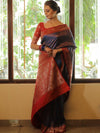 Banarasee Handwoven Semi-Katan Tanchoi Weaving Floral Border Saree-Blue & Red