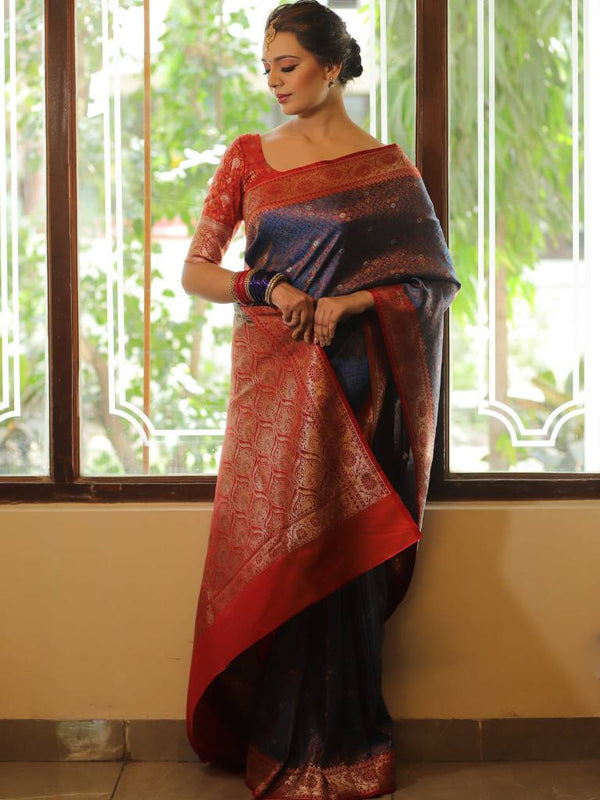 Banarasee Handwoven Semi-Katan Tanchoi Weaving Floral Border Saree-Blue & Red