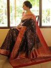 Banarasee Handwoven Semi-Katan Tanchoi Weaving Floral Border Saree-Blue & Red