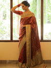 Banarasee Handwoven Semi-Katan Tanchoi Weaving Floral Border Saree-Red & White