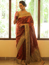 Banarasee Handwoven Semi-Katan Tanchoi Weaving Floral Border Saree-Red & White