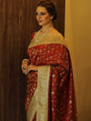 Banarasee Handwoven Semi-Katan Tanchoi Weaving Floral Border Saree-Red & White