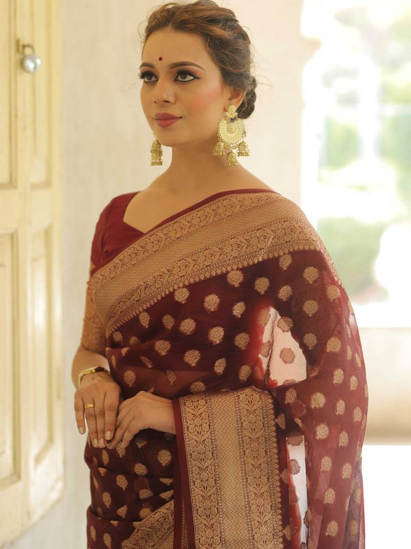 Banarasee Organza Mix Saree With Zari Buti Design & Border-Brown