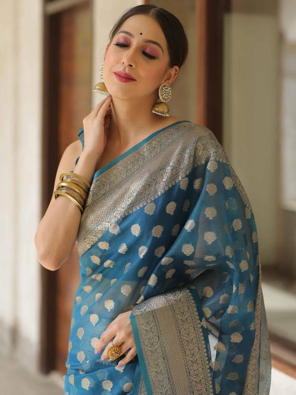 Banarasee Organza Mix Saree With Zari Buti Design & Border-Cobalt Blue