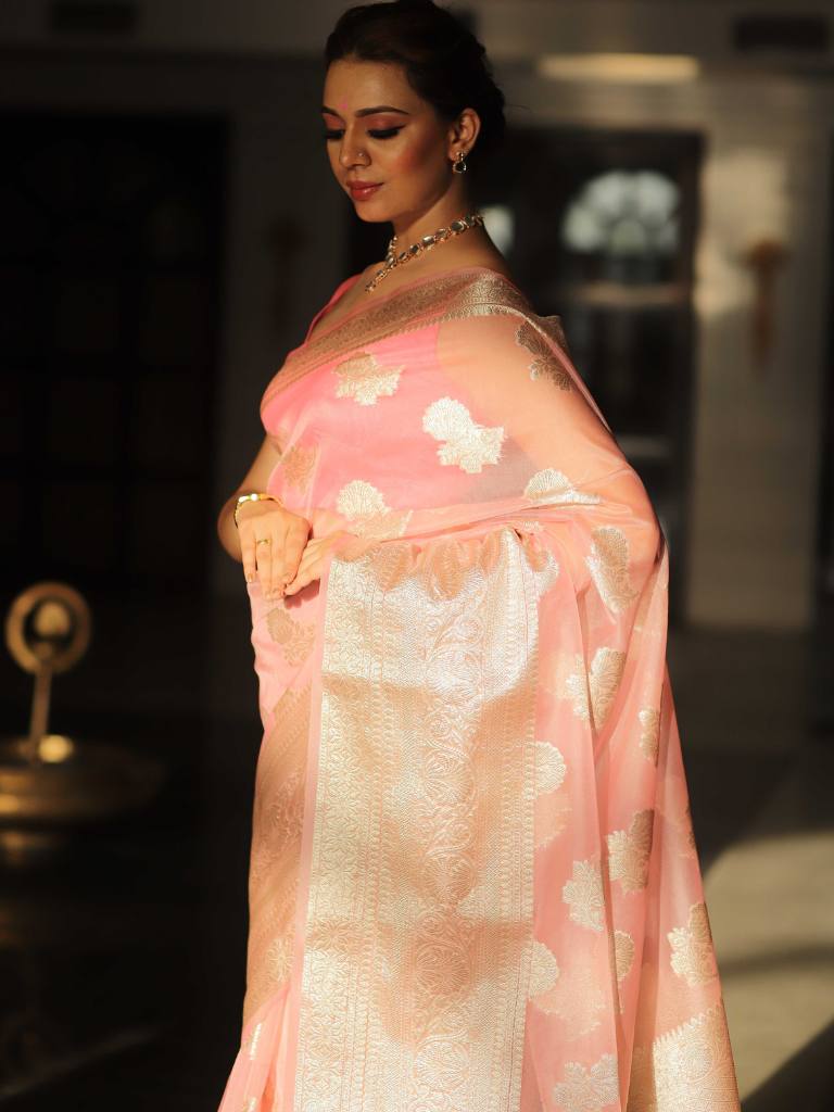 Banarasee Organza Mix Saree With Silver Zari-Pink