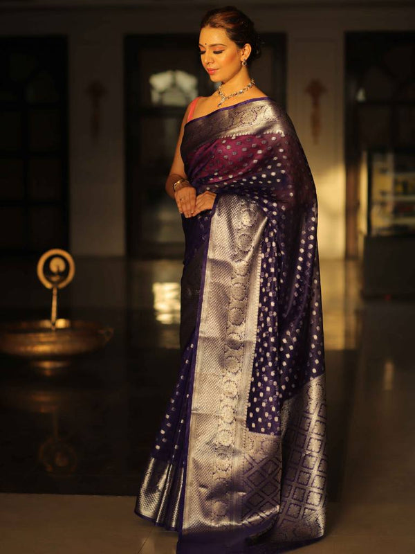 Banarasee Semi-Chiffon Saree With Silver Zari Design & Contrast Blouse-Blue & Pink