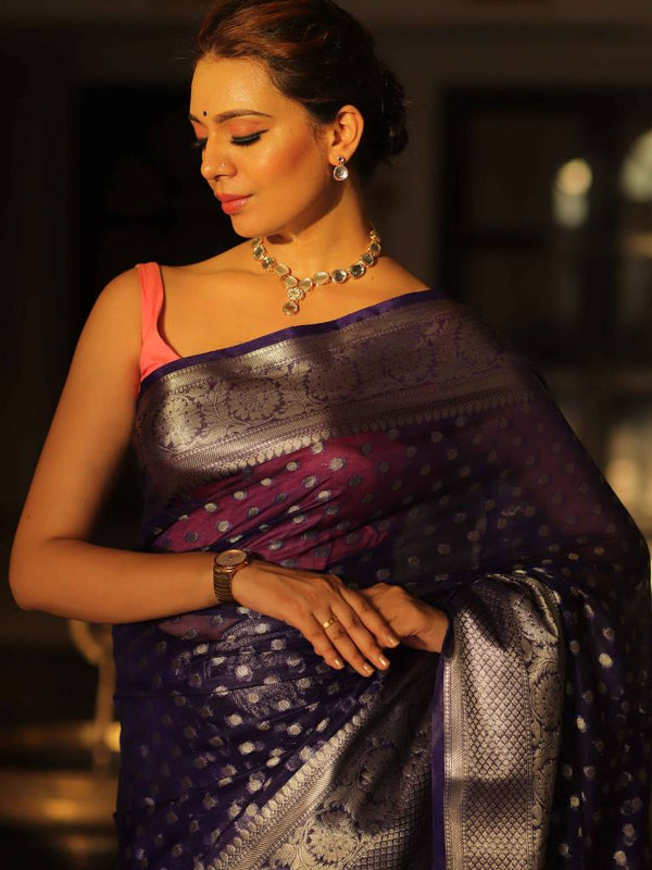 Banarasee Semi-Chiffon Saree With Silver Zari Design & Contrast Blouse-Blue & Pink