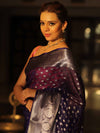 Banarasee Semi-Chiffon Saree With Silver Zari Design & Contrast Blouse-Blue & Pink
