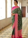 Banarasee Semi-Katan Zari Jaal & Contrast Border Saree-Green & Pink