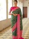 Banarasee Semi-Katan Zari Jaal & Contrast Border Saree-Green & Pink