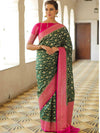 Banarasee Semi-Katan Zari Jaal & Contrast Border Saree-Green & Pink