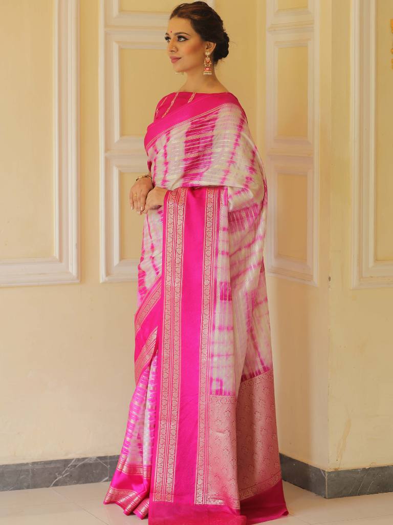 Banarasee Handwoven Soft Semi Silk Saree With Shibori Design-Pink & White