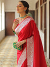 Banarasee Handwoven Faux Georgette Saree With Silver Zari Design-Red