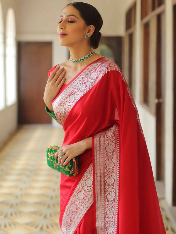 Banarasee Handwoven Faux Georgette Saree With Silver Zari Design-Red