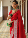 Banarasee Handwoven Faux Georgette Saree With Silver Zari Design-Red