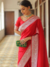 Banarasee Handwoven Faux Georgette Saree With Silver Zari Design-Red