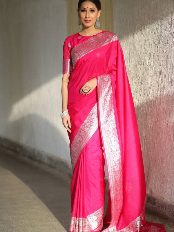 Banarasee Handwoven Faux Georgette Saree With Silver Zari Design-Pink
