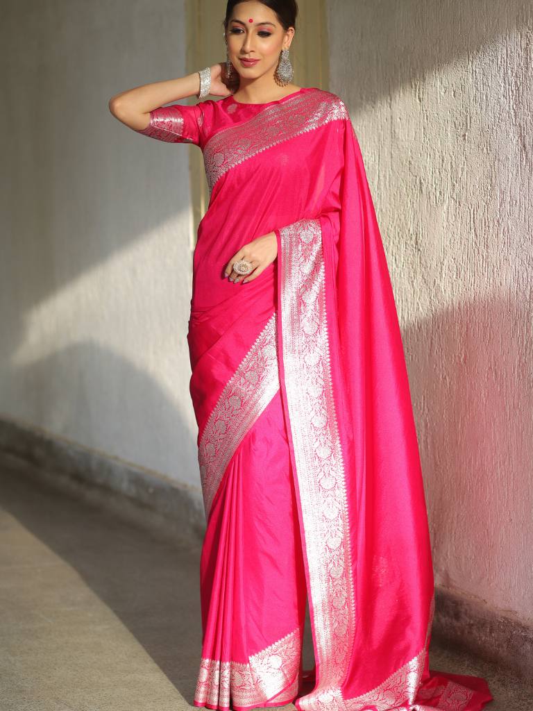 Banarasee Handwoven Faux Georgette Saree With Silver Zari Design-Pink