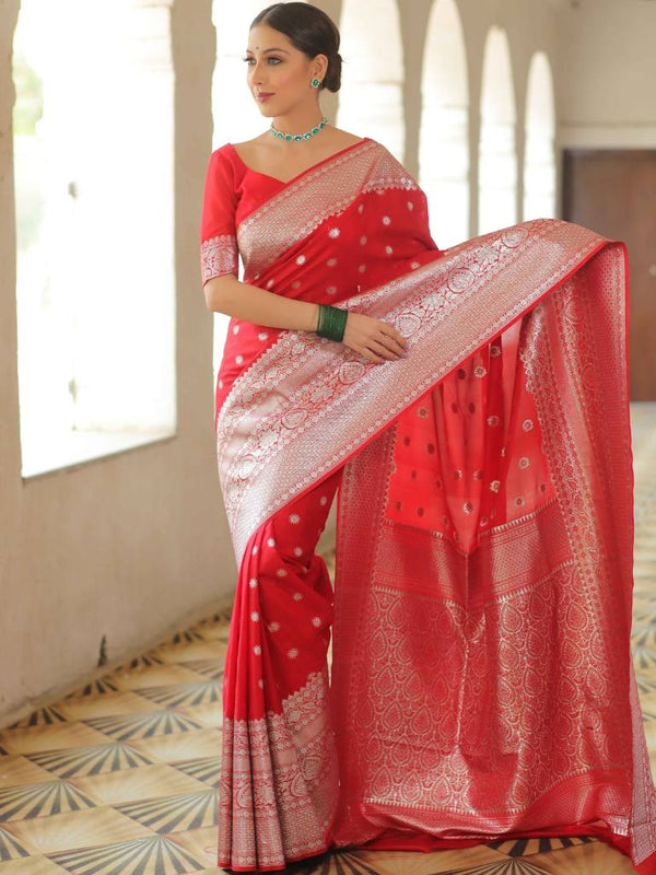 Banarasee Handwoven Faux Georgette Saree With Silver Zari Buti Design-Red