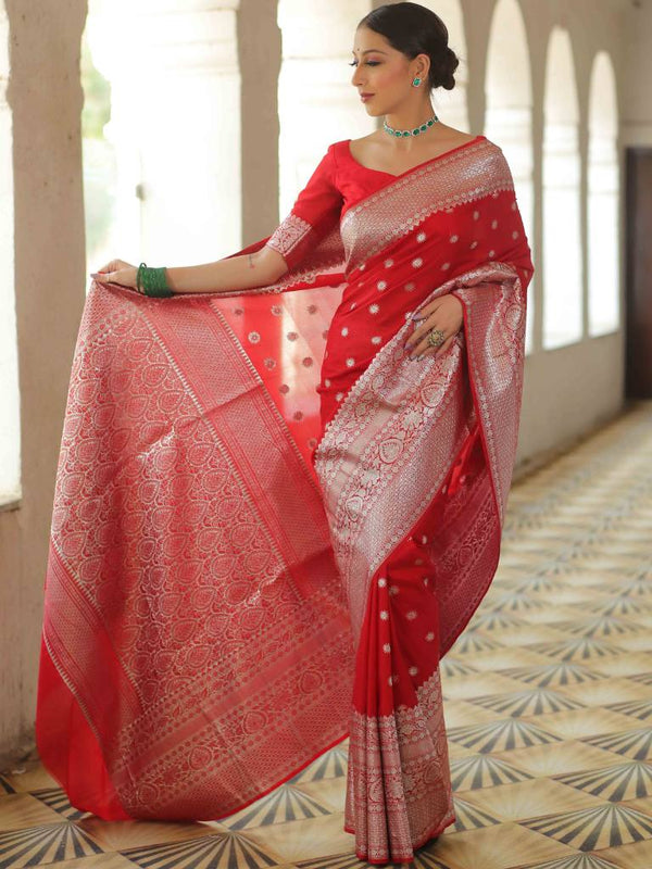 Banarasee Handwoven Faux Georgette Saree With Silver Zari Buti Design-Red