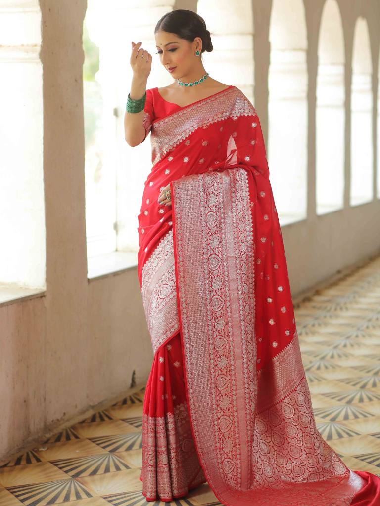 Banarasee Handwoven Faux Georgette Saree With Silver Zari Buti Design-Red