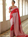 Banarasee Handwoven Faux Georgette Saree With Silver Zari Buti Design-Red