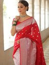 Banarasee Handwoven Faux Georgette Saree With Silver Zari Buti Design-Red