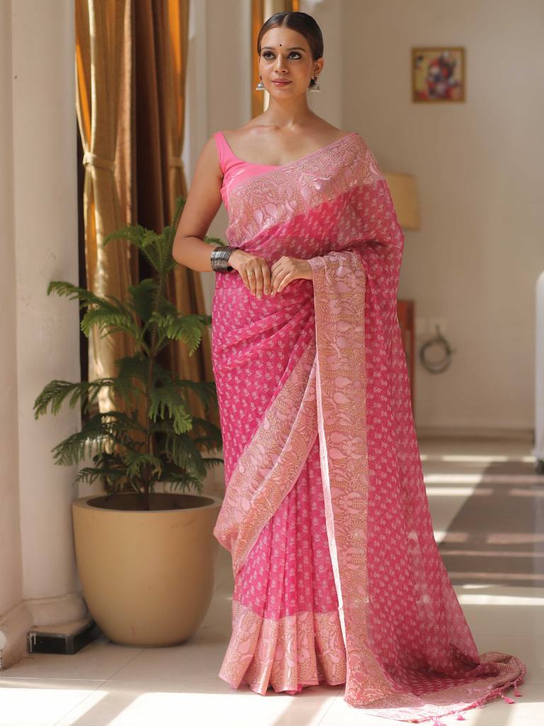 Banarasee Pure Georgette Saree With Embroidery Work-Pink