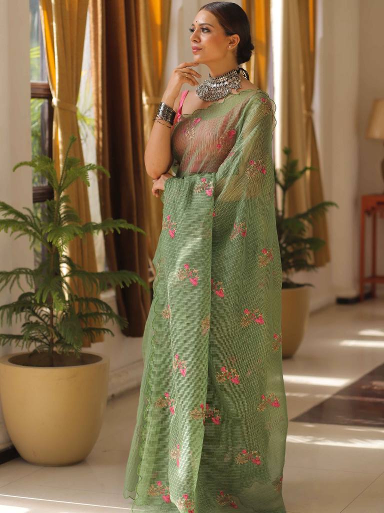 Banarasee Pure Kota Doria Saree With Embroidery Work-Green