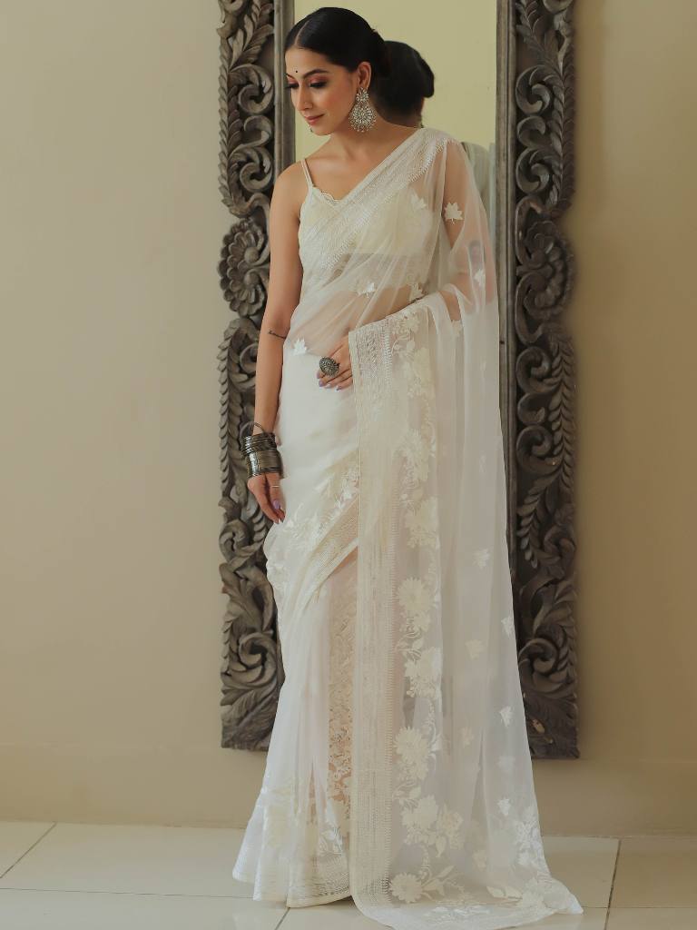 Banarasee Handwoven Organza Floral Embroidery Saree-White